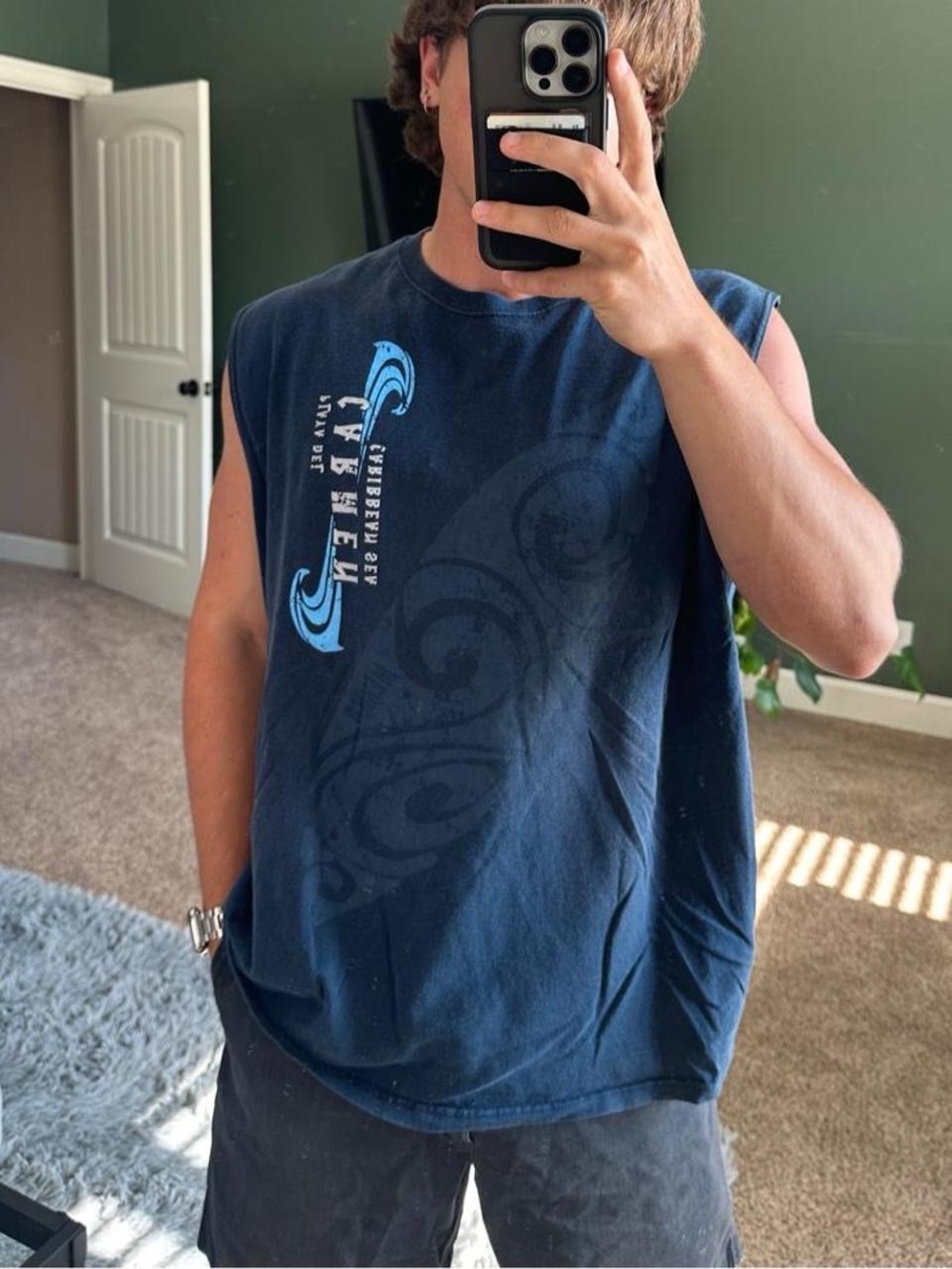 Caribbean Navy Blue Graphic Tank with Light Blue Accent